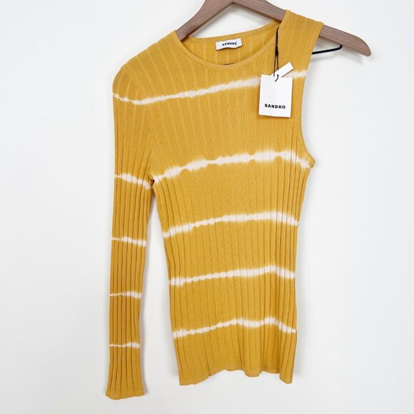 New Sandro Bali One-Sleeve Striped Ribbed Knit Top Sweater Asymmetrical Shirt - Picture 5 of 13